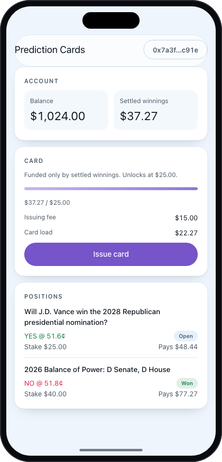 The PrediFinance account screen, showing balance, settled winnings, card progress, and open positions.