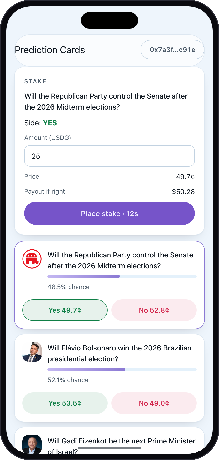 The PrediFinance stake ticket, showing a live question, the quoted Yes price, payout if right, and a 15-second quote timer.